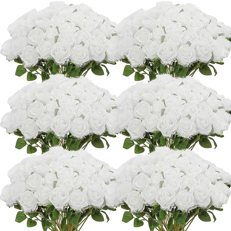 Qfdian 100PCS White Roses Artificial Flowers Bulk Fake Velvet Roses with Bendable Long Stems for Wedding Home Arrangement Event Parties