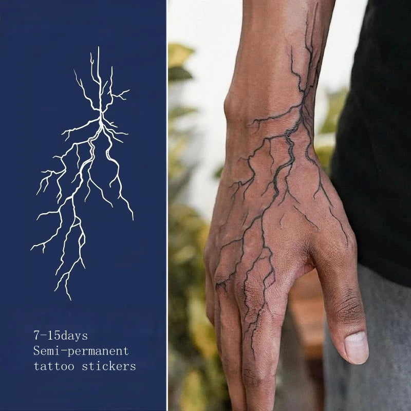 Qfdian New Lightning Hand Back Herbal Juice Tattoo Stickers Waterproof Semi-Permanent Fake Tattoo Arms Legs Lasting Men Women Tatuajes