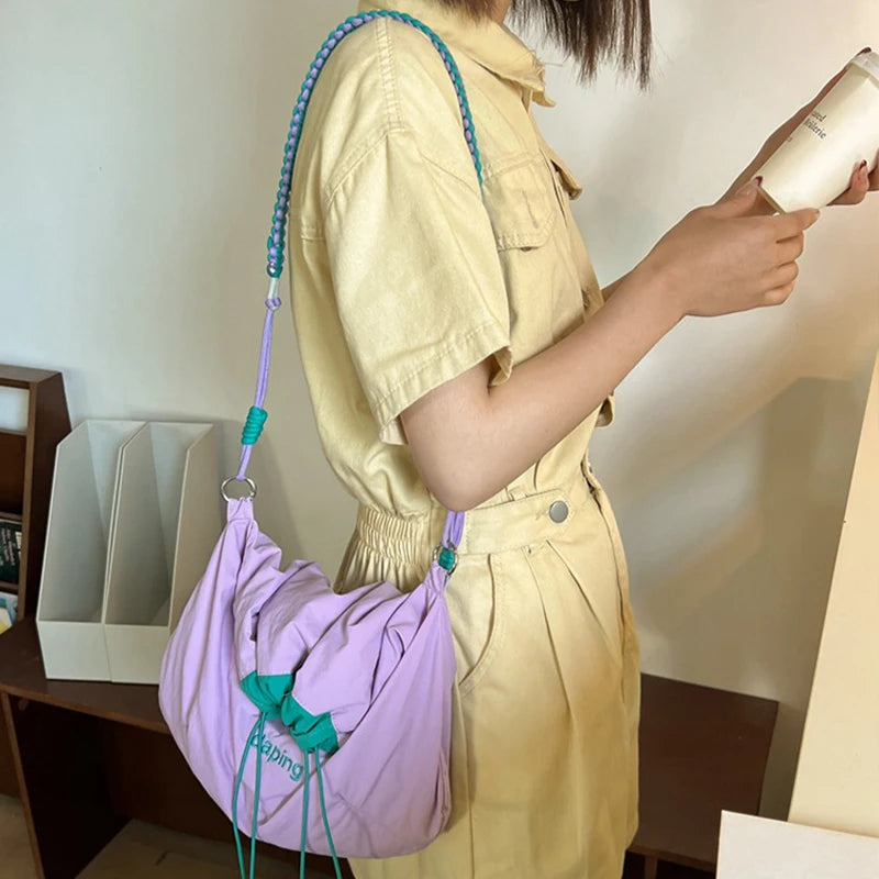 Qfdian Korean Style Solid Color Drawstring Bucket Bag Wrinkle Nylon Crossbody with Large Capacity And Adjustable Shoulder Strap