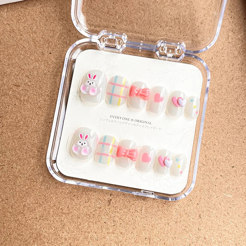Qfdian 12Pcs/Set Cartoon Style Kids Fake Nails Detachable Press On Fake Nails Full Cover Press Stick On Nails Children Nail Decor