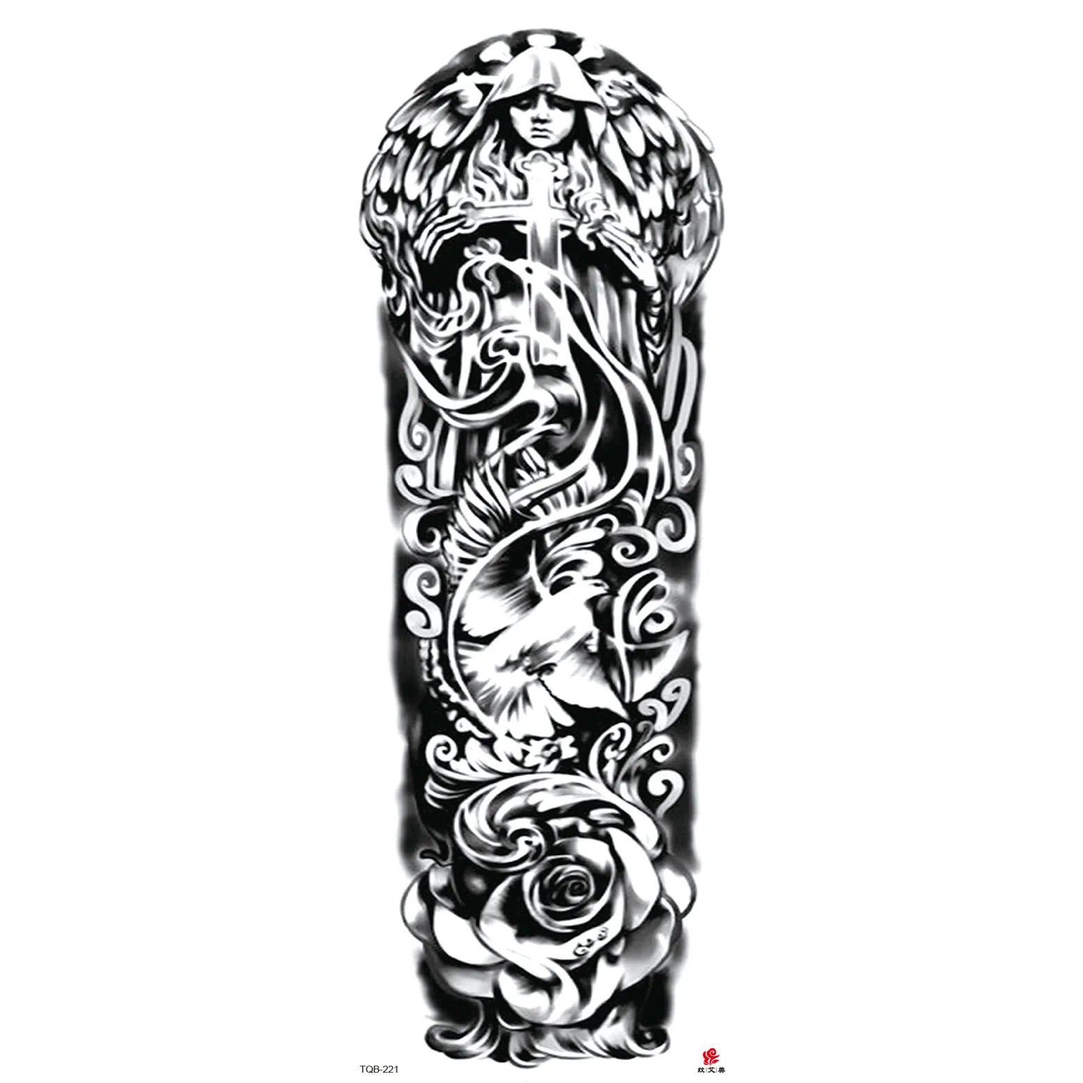 Qfdian Full Arm Tattoo Waterproof Temporary StickerCool Skull Fish Dragon Lion Clock Men Women Art Fake Sticker Glitter Style