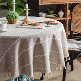 Qfdian Round Tassel Plaid Tablecloths Heavy Weight Cotton Linen Fabric Dust-Proof Table Cover Kitchen Dining Party Tabletop Decorations