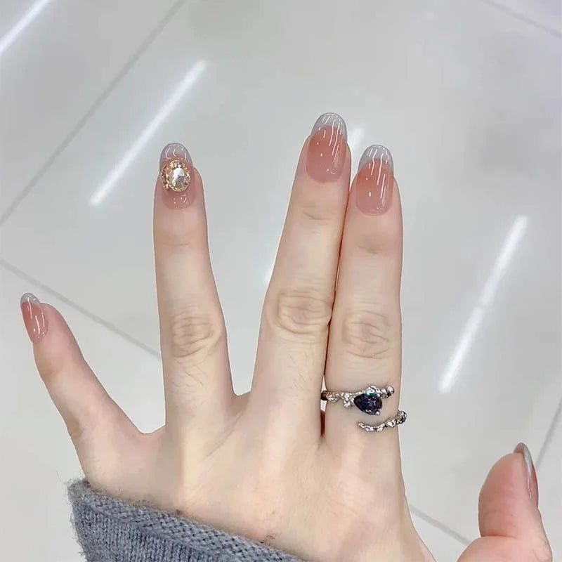 Qfdian 10Pcs Short Oval French Pink Blue Handmade Press on Nails Fake Nails With 3D Diamond Design Wearable Nail Tips Art