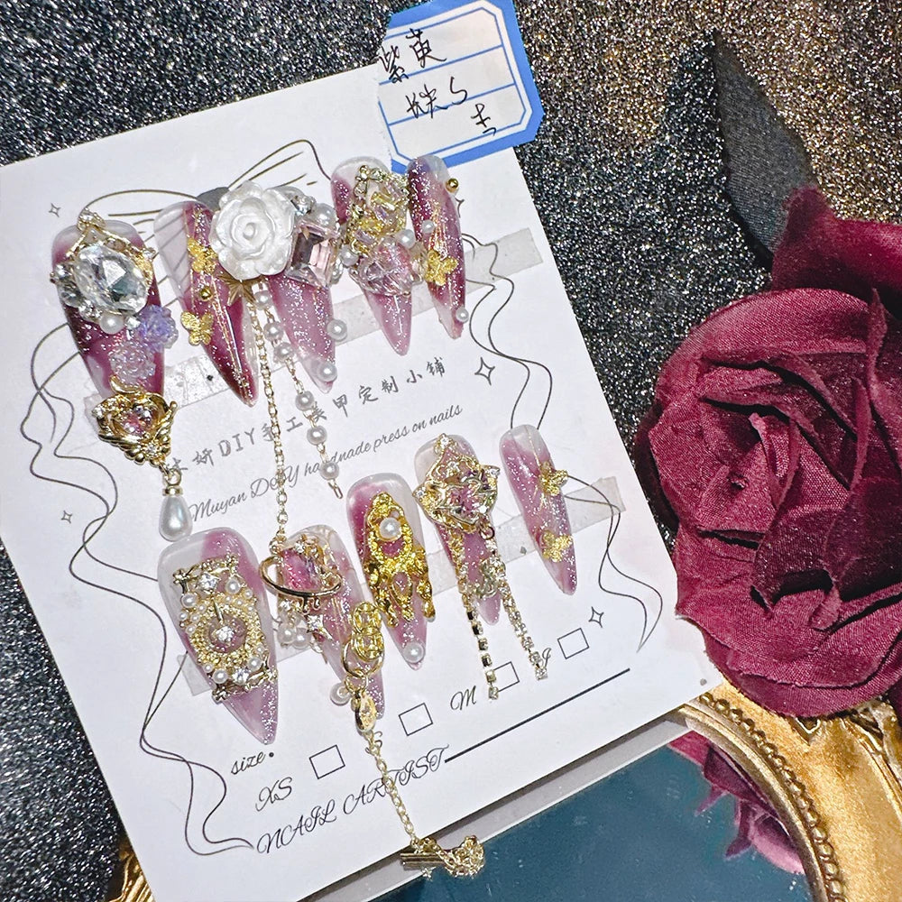 Qfdian 10Pcs High Quality Handmade Press on Nails Purple Jade Noble Elegant Luxurious Flower God Niche Style Spicy Drill  Decoration