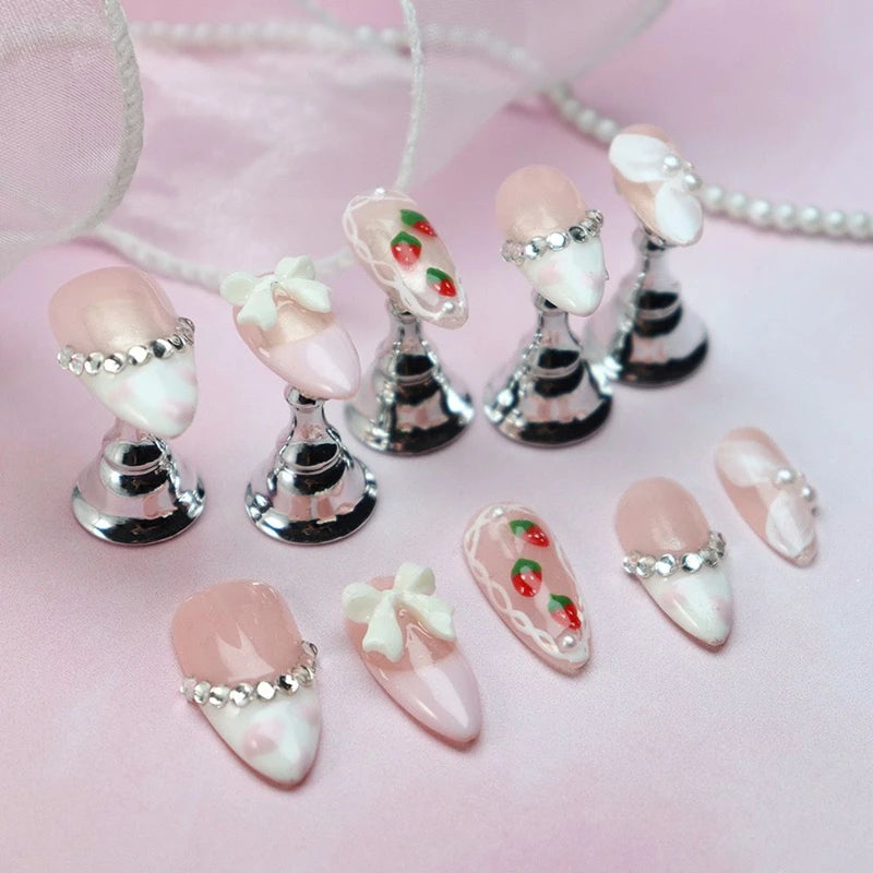 Qfdian 10Pcs Cute Handmade Press on Nails Full Cover French Bowtie Design Almond False Nails Strawberry Manicure Wearable Nail Tips Art