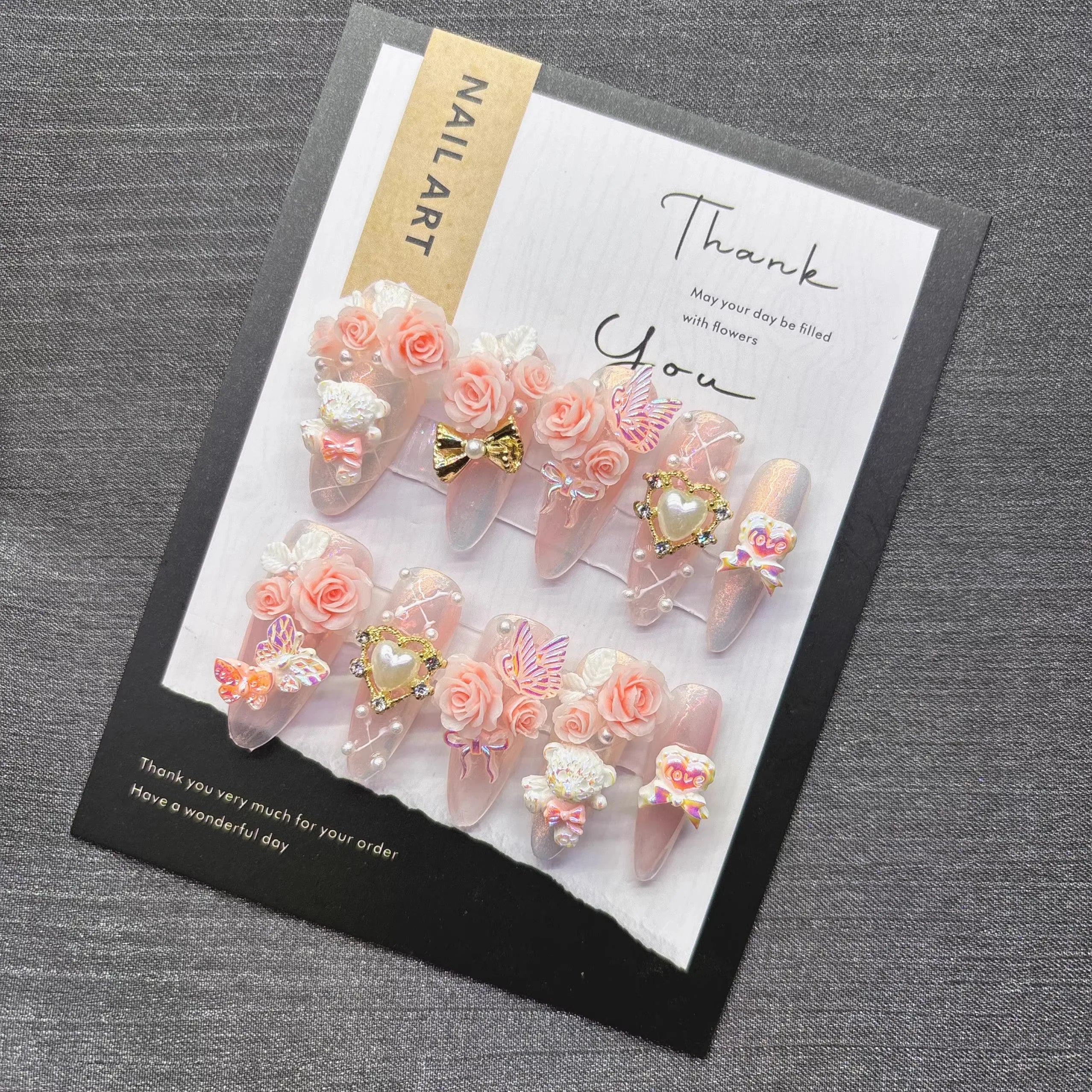 Qfdian Sweet Princess Romantic Press on Nail Light Pink Glitter with Butterfly Bear Charm Cute Fake Nails for Date Night Snug No Damage