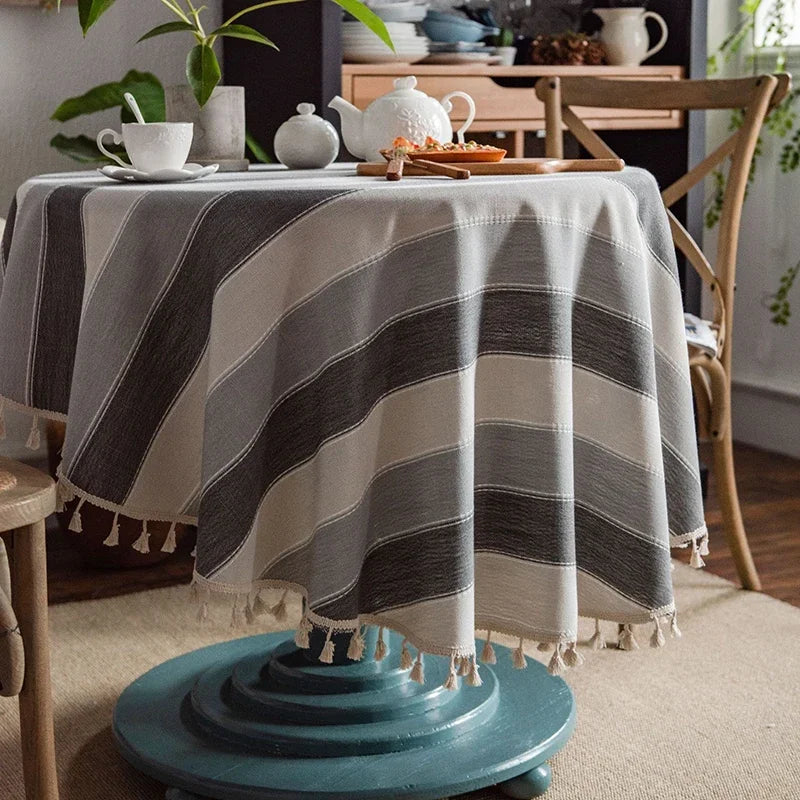 Qfdian Green Round Tablecloth Striped Embroidered Table Cover Farmhouse Tassel Table Cloth for Table Kitchen Dining Room Tabletop Decor