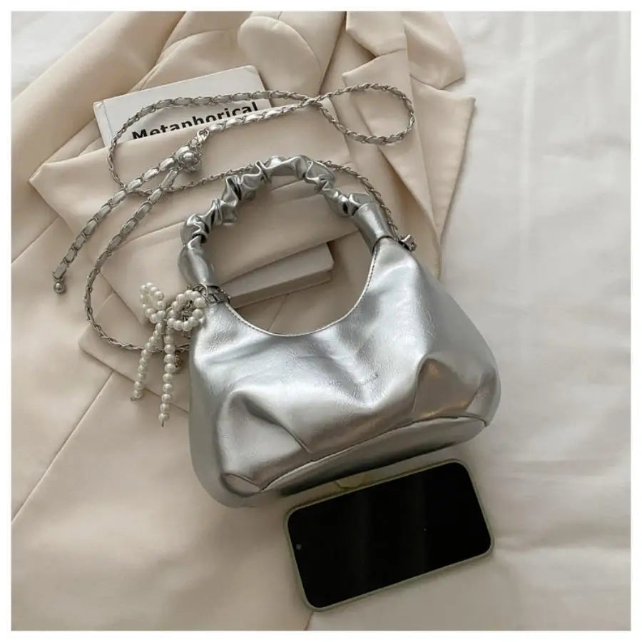 Qfdian Fashionable pleated handbag for women, Bow tie pendant ,fashionable shoulder bag, simple and stylish crossbody bag, chain trend