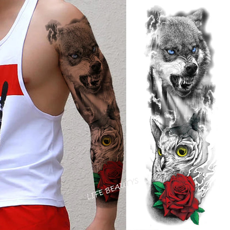Qfdian Waterproof Full Arm Temporary Tattoo Sticker Tiger Lion Wolf Eye For Man Women Body Art Sleeve Flash Fake Shoulder Tatoo