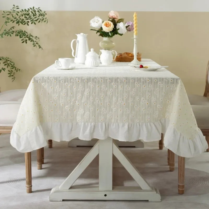 Qfdian Boho Ruffle Tablecloth Rectangle Retro Farmhouse Flounces Trim Washable Table Cover for Coffee Kitchen Picnic Wedding Decoration