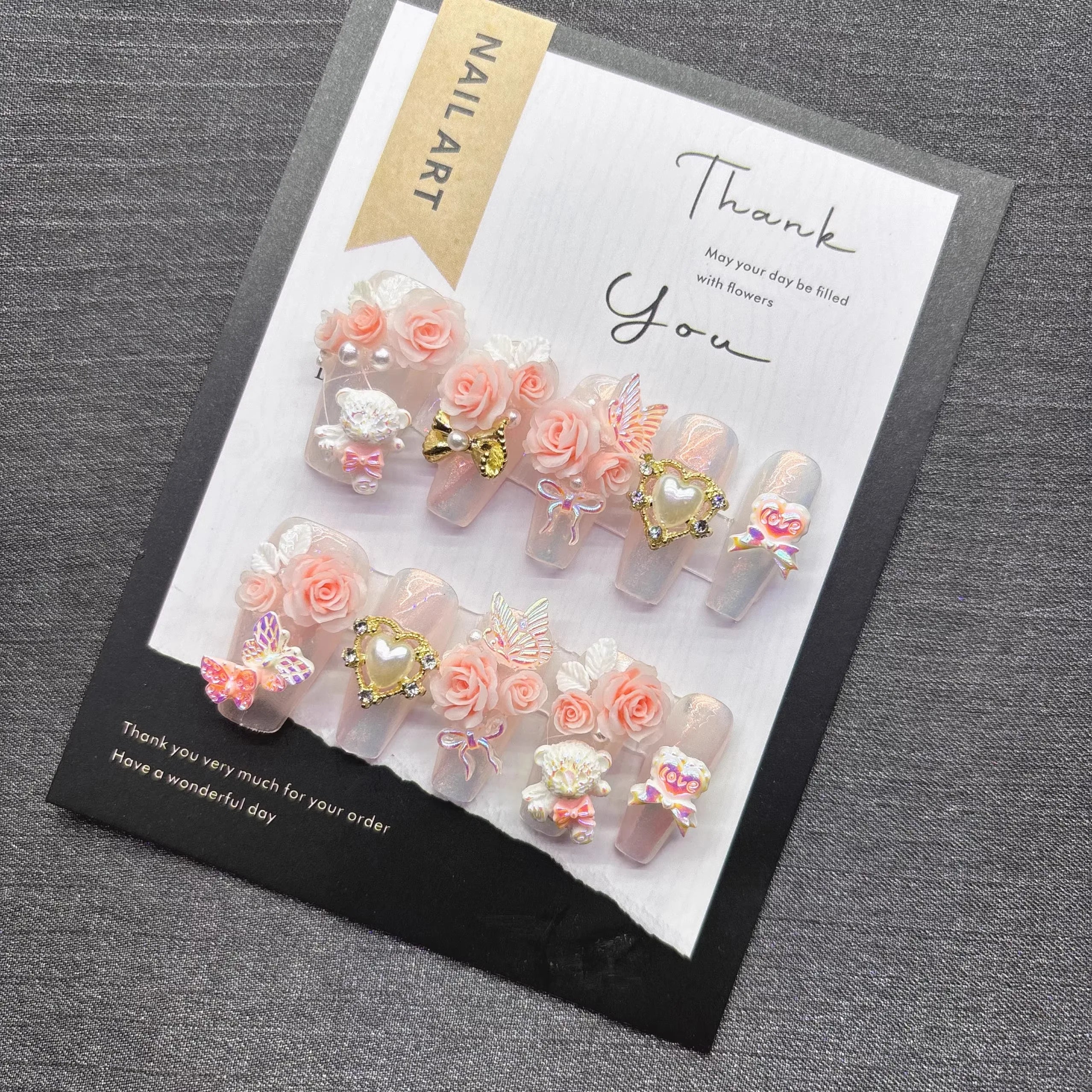 Qfdian Sweet Princess Romantic Press on Nail Light Pink Glitter with Butterfly Bear Charm Cute Fake Nails for Date Night Snug No Damage