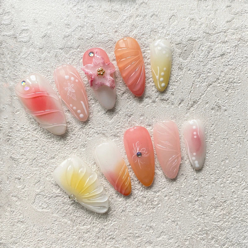 Qfdian Handmade Trendy Press On Nails, False Nails with Design, Almond Medium-Long Fake Nail Tips Cute Elegant Party Daily Wear Women