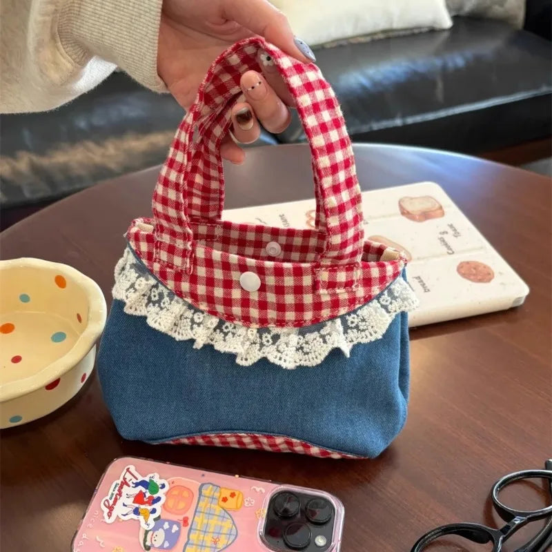 Qfdian Luxury Design Denim Patchwork Top-Handle Bags Women Mini Kawaii Sweet Clutches Y2k Chic Contrast Color Plaid Purses and Handbags