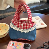 Qfdian Luxury Design Denim Patchwork Top-Handle Bags Women Mini Kawaii Sweet Clutches Y2k Chic Contrast Color Plaid Purses and Handbags