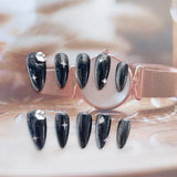 Qfdian Handmade False Nails Press on Dark Star Cat's Eye Almond Fake Nails Acrylic Full Cover Nail Tips Glitter Nails Set with Designed