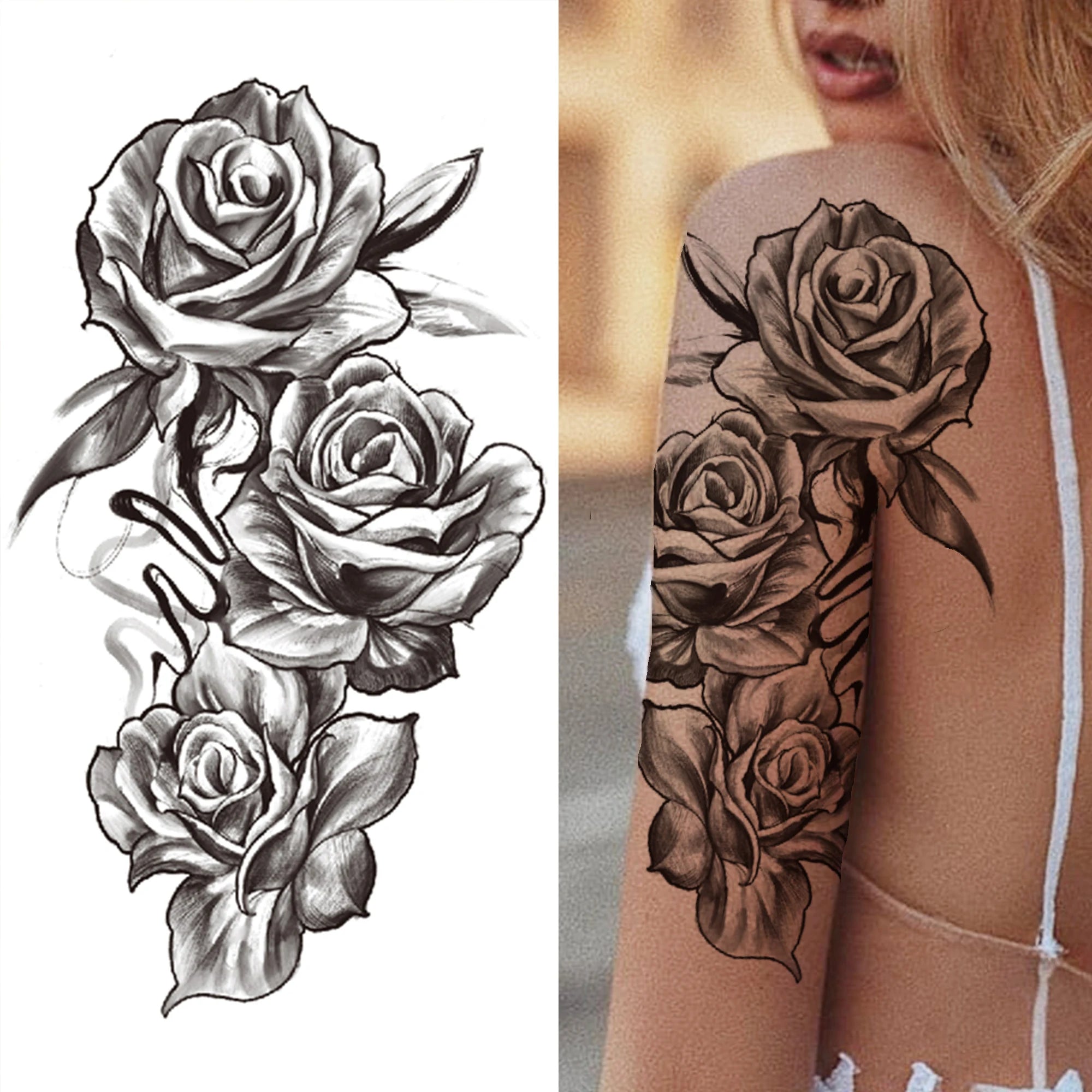 Qfdian Black Sexy Flower Waterproof Temporary Tattoos Sticker Rose Snake Lion Women Body Arm Painting Realistic Fake Tattoo