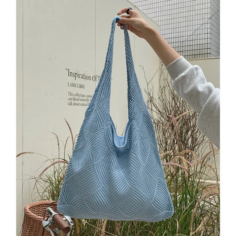 Qfdian Women Handbag Summer Hollow-out Bead Tote Bag Bucket Shoulder Bag Female Reticulate Netted Canvas Beach Handbag