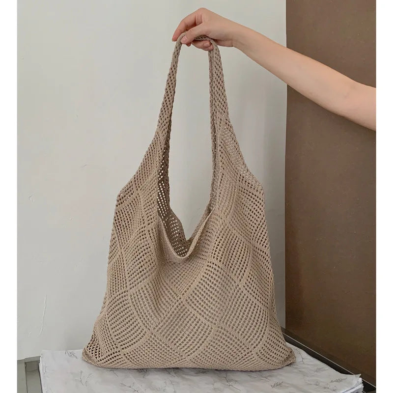 Qfdian Women Handbag Summer Hollow-out Bead Tote Bag Bucket Shoulder Bag Female Reticulate Netted Canvas Beach Handbag