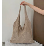 Qfdian Women Handbag Summer Hollow-out Bead Tote Bag Bucket Shoulder Bag Female Reticulate Netted Canvas Beach Handbag