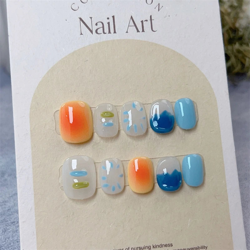 Qfdian Handmade Short Fake Nails Press on Nails Smudge Blue Cute Manicure Artificial Nail Reusable Adhesive Round Head Finger Tips Art