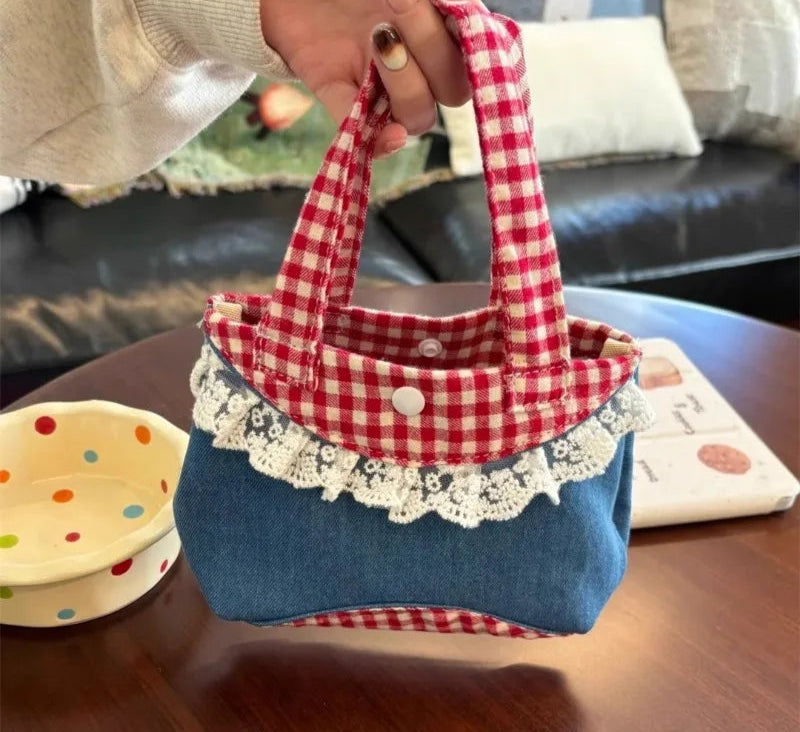 Qfdian Luxury Design Denim Patchwork Top-Handle Bags Women Mini Kawaii Sweet Clutches Y2k Chic Contrast Color Plaid Purses and Handbags