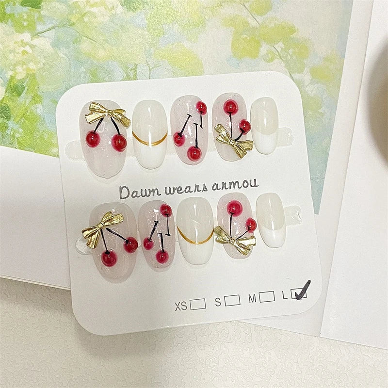 Qfdian Handmade Cute Press On Nails Short Oval Cherry Artificial Fake Nails Bowknot French Summer False Nails Charms Manicure Design