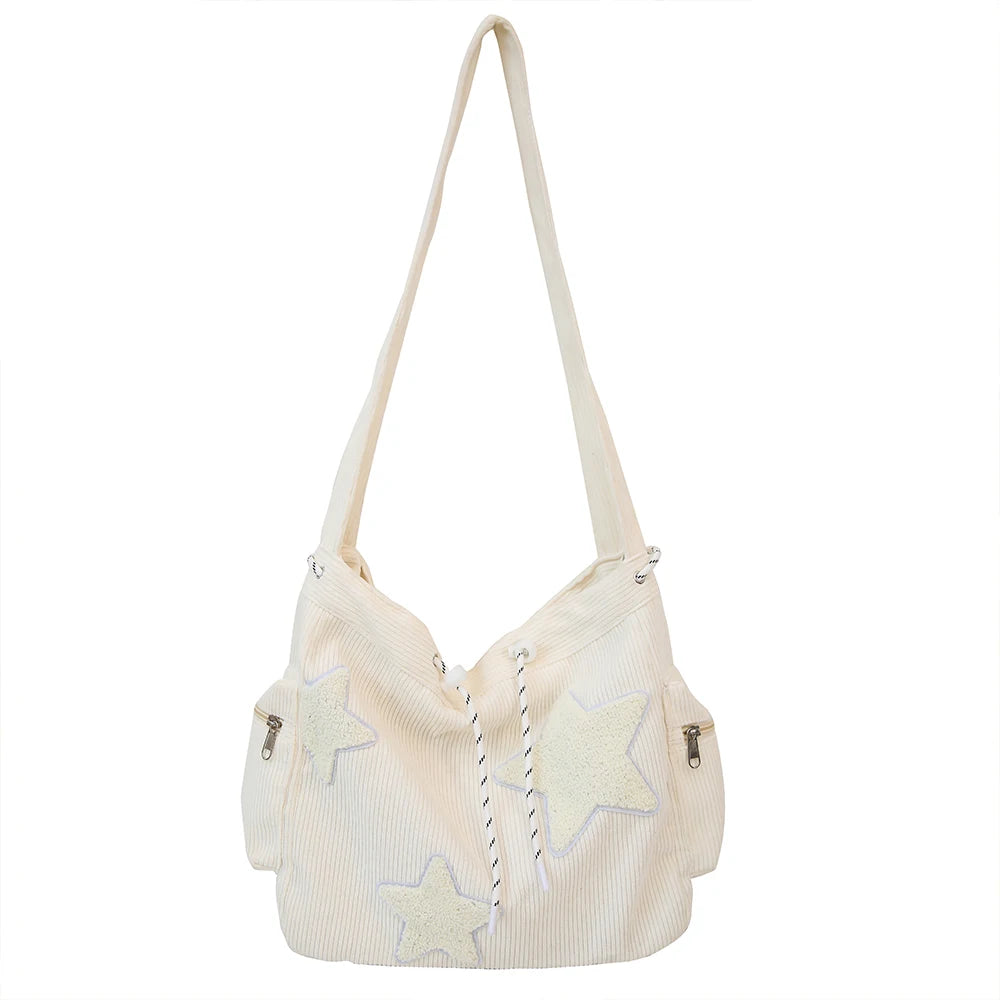 Qfdian Large Capacity Corduroy Bag, Women's Single Shoulder Casual Five Pointed Star Crossbody Bag, Versatile Tote Bag