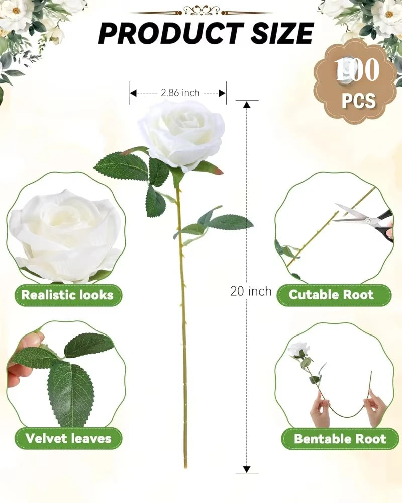 Qfdian 100PCS White Roses Artificial Flowers Bulk Fake Velvet Roses with Bendable Long Stems for Wedding Home Arrangement Event Parties