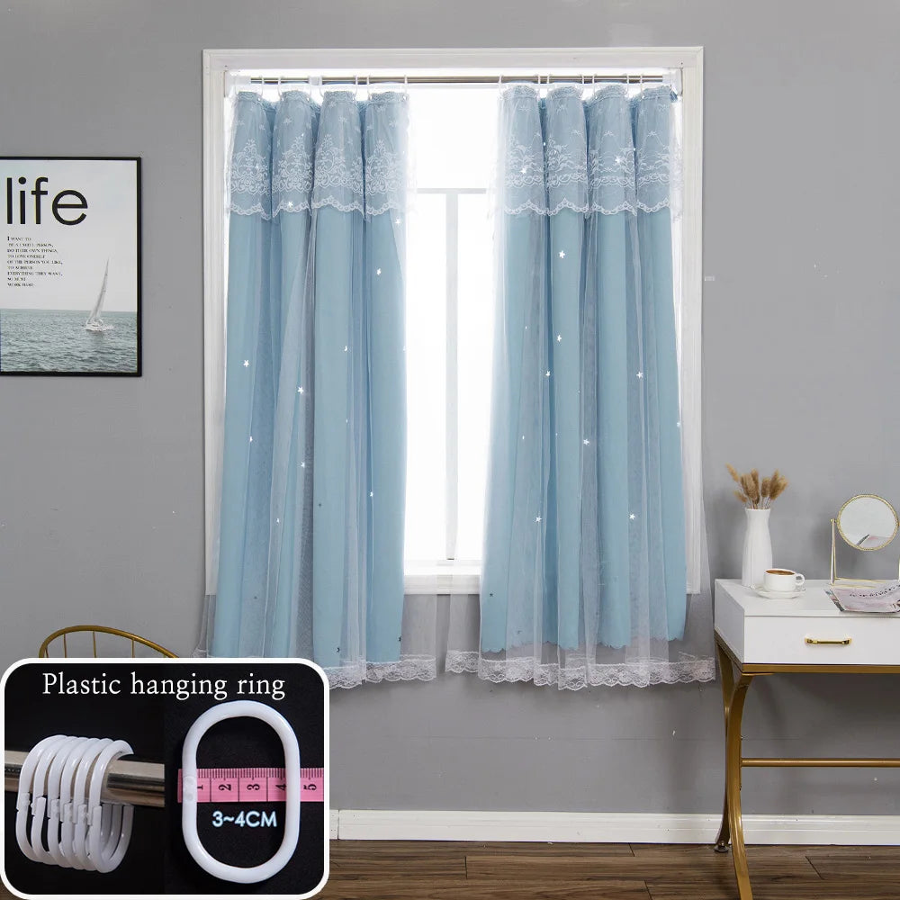 Qfdian Star Curtain Blackout Partition Window Hanging ring for Bedroom Living room With gauze pink Simple Decor curtain