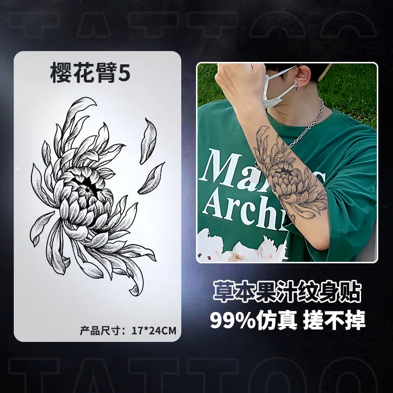 Qfdian Japanese Traditional Half Arm Herbal Juice Temporary Tattoo Stickers Sakura Leaf Lasting Art Fake Tattoo Men Women Faux Tatouage