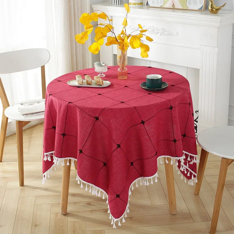Qfdian Green Round Tablecloth Striped Embroidered Table Cover Farmhouse Tassel Table Cloth for Table Kitchen Dining Room Tabletop Decor