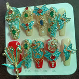 Qfdian 10Pcs High Quality Handmade Press on Nails Palace Retro Style Yellow Carved Emerald Pure Handmade Medium Long Style