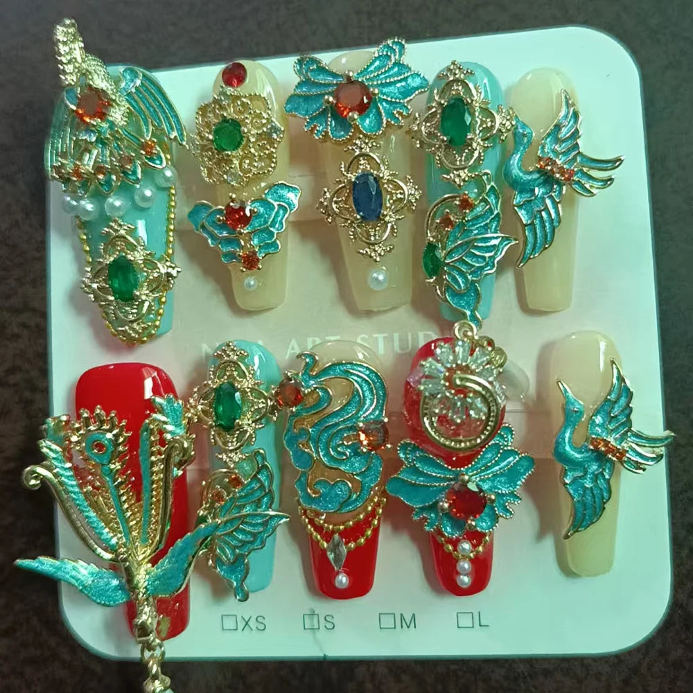 Qfdian 10Pcs High Quality Handmade Press on Nails Purple Jade Noble Elegant Luxurious Flower God Niche Style Spicy Drill  Decoration