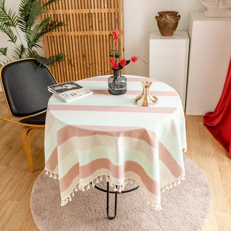 Qfdian Green Round Tablecloth Striped Embroidered Table Cover Farmhouse Tassel Table Cloth for Table Kitchen Dining Room Tabletop Decor