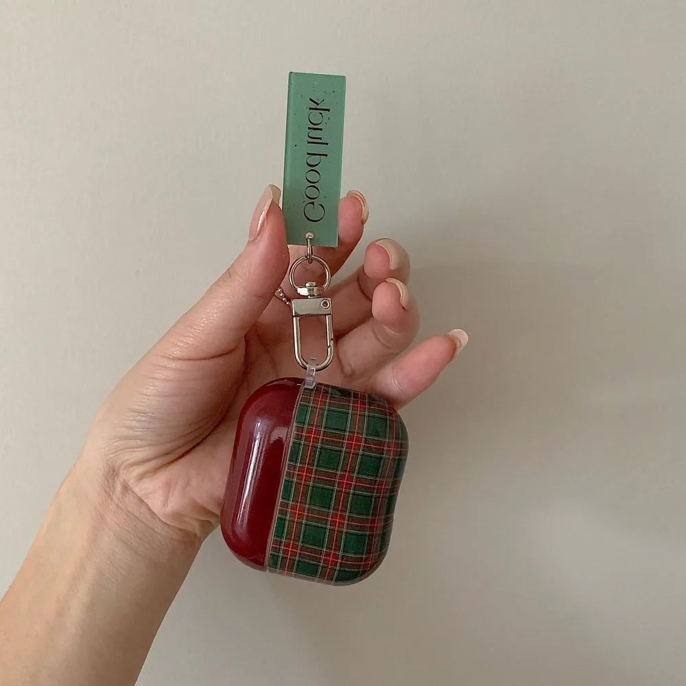 Qfdian Retro Style Grid Pattern Gloss Soft Cover Case for AirPods 4/3/2/1 Pro 2 Wireless Bluetooth Earphone Shell Good Lucky Pendant