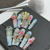 Qfdian 10Pcs High Quality Handmade Press on Nails Carved Retro Lace Rhinestone Full Setting Laser Glitter Stick-on Nail Art Retro Briti