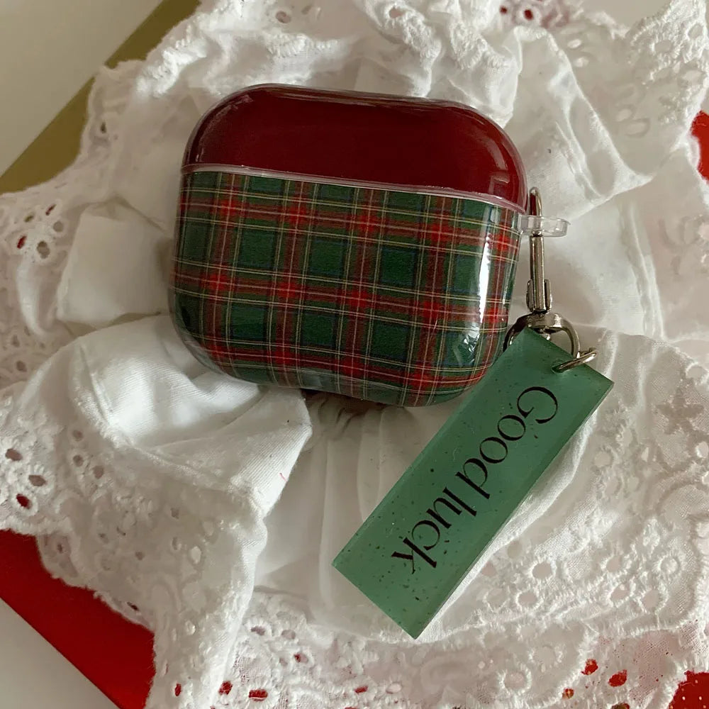 Qfdian Retro Style Grid Pattern Gloss Soft Cover Case for AirPods 4/3/2/1 Pro 2 Wireless Bluetooth Earphone Shell Good Lucky Pendant