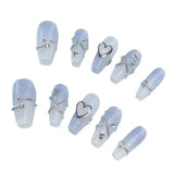 Qfdian 10Pcs Blue Handmade Press On Nails Reuse French Coffin Full Cover Rhinestone Design Fake Nails Artificial Wearable Nail Tips Art