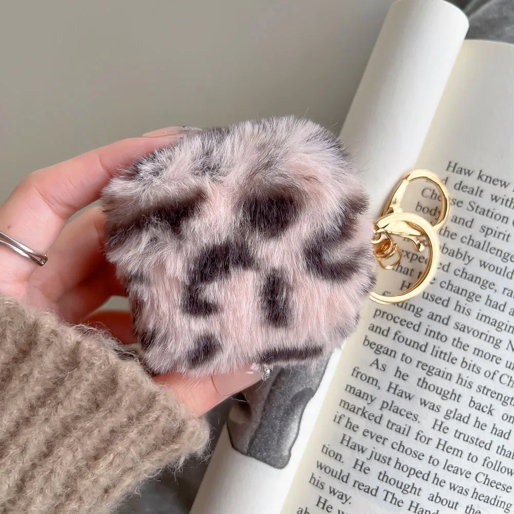 Qfdian Luxury Pink Leopard Print Winter Plush Earphone Case For AirPods 1 2 3 4 Pro 2 Bluetooth Headset Protective Shell With Keychain