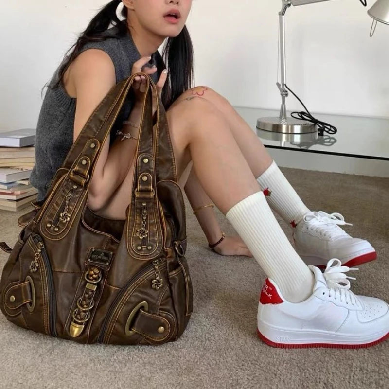Qfdian Y2k Aesthetic Vintage Fashion Women's Handbags Casual Grunge Streetwear Shoulder Underarm Bag Female All Match Trendy Tote Bags