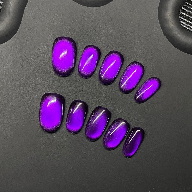 Qfdian 10PCS Handmade Short Oval Press on Nails Cat Eye Glitter False Nails Manicure Art for Wearable Adhesive Fake Nails Purple Tips