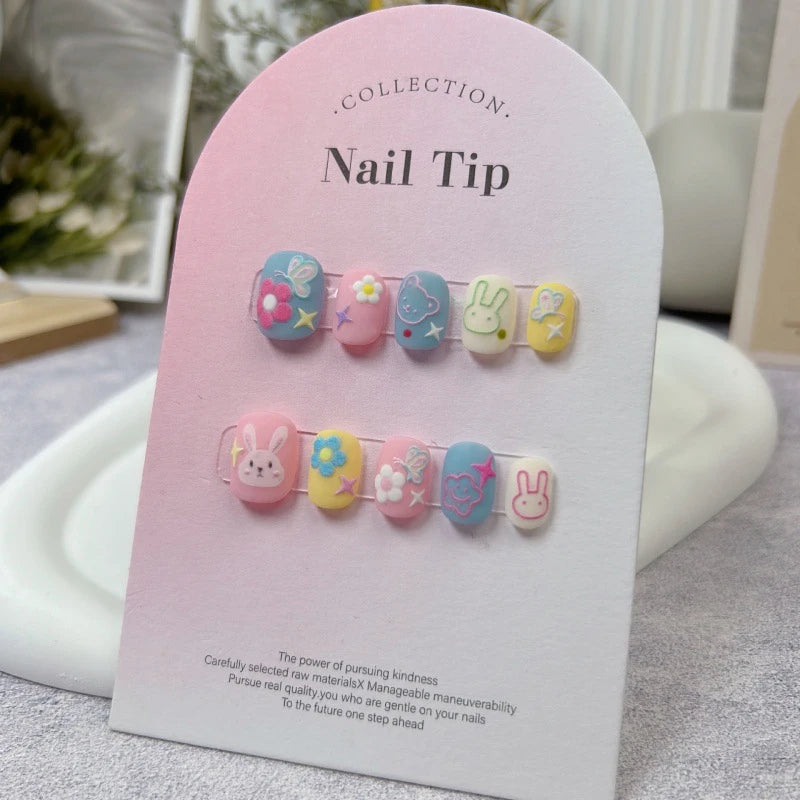 Qfdian Cute Rabbit Handmade Press on Nails Fake Nails Short Round Head Manicure Nail Art Kawaii False Nails Full Cover Finger Tips Girl