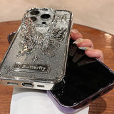 Qfdian Glitter Butterfly Gradient Stand Case for iPhone 15 16 14 12 13 Pro Max 14Pro Bracket Transparent Plating Soft Silicone Cover