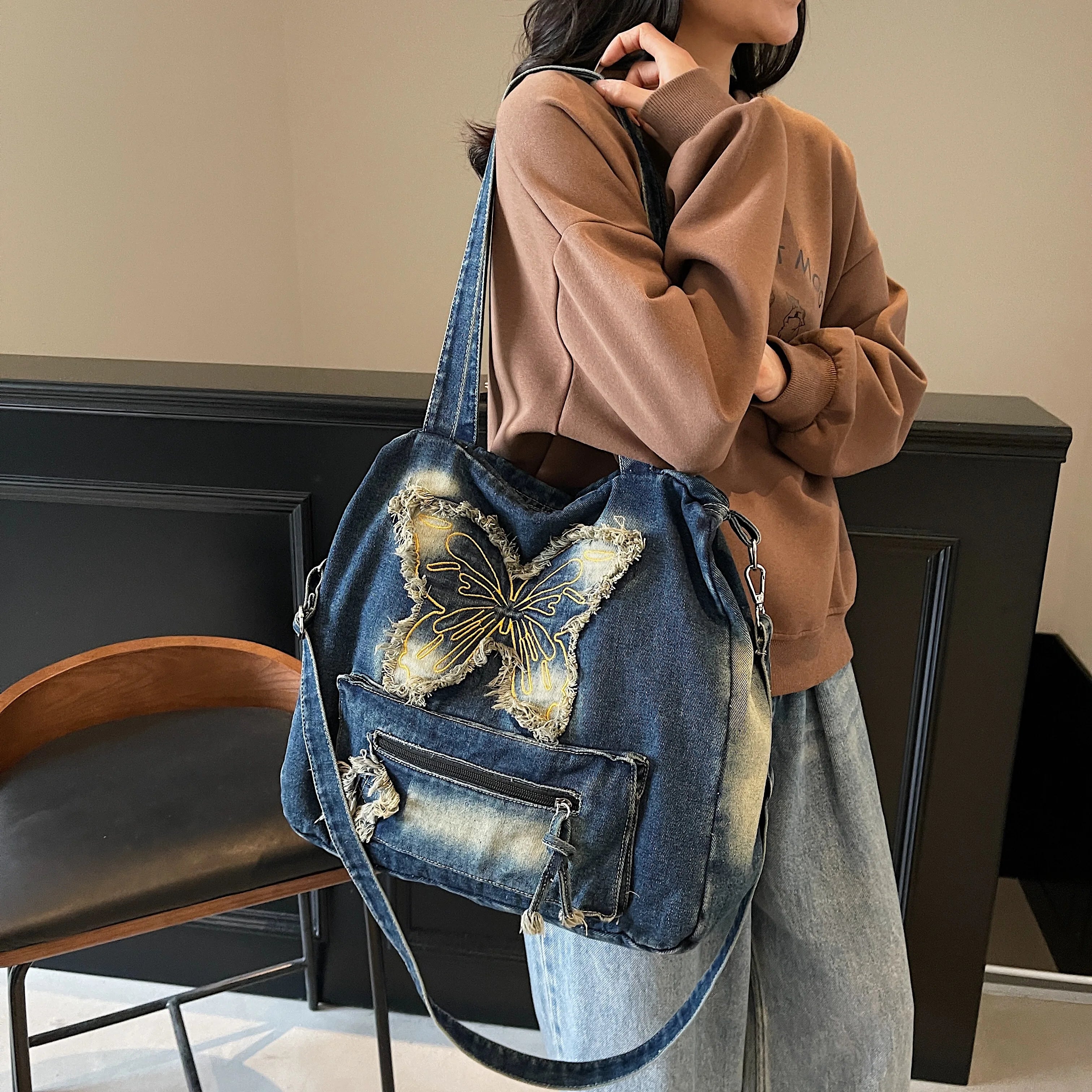Qfdian Large Capacity Canvas Shoulder Bags Butterfly Denim Casual Totes New In 2025 Leisure Or Travel Bags Lady Sweet Packages Women