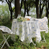 Qfdian Cotton Ruffle Tablecloth Rectangular Farmhouse Embroidery Floral Blue Table Covers for Kitchen Living Room Outdoor Wedding Decor