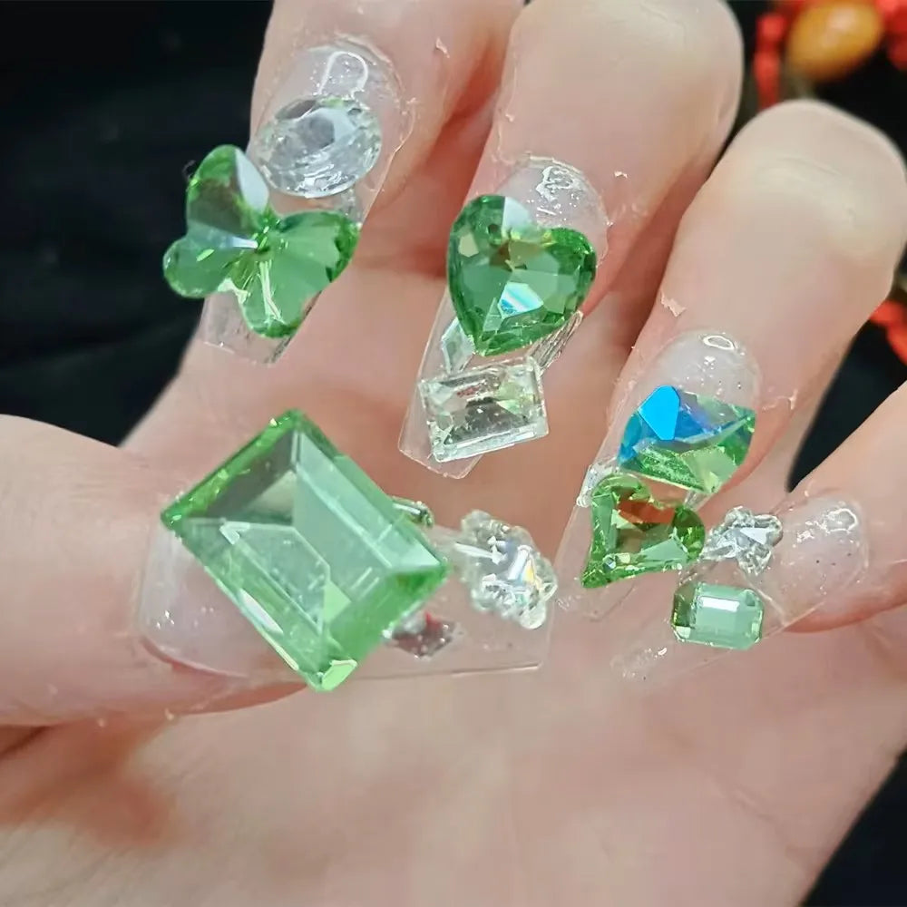 Qfdian 10pcs High Quality Handmade Press on Nails BLingBLing Green Starry Sky Shining Eyes Nail Equipment Nails for Kids Girl