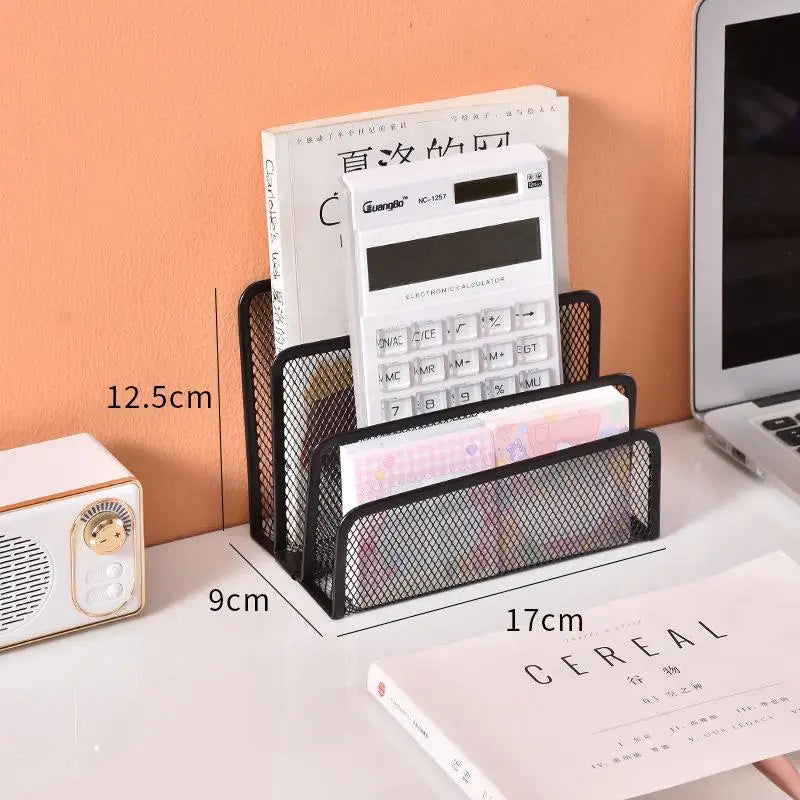 Qfdian 1 Pcs Black Desktop Office Storage Grid Metal Three-layer Business Card File Office Supplies Storage Rack
