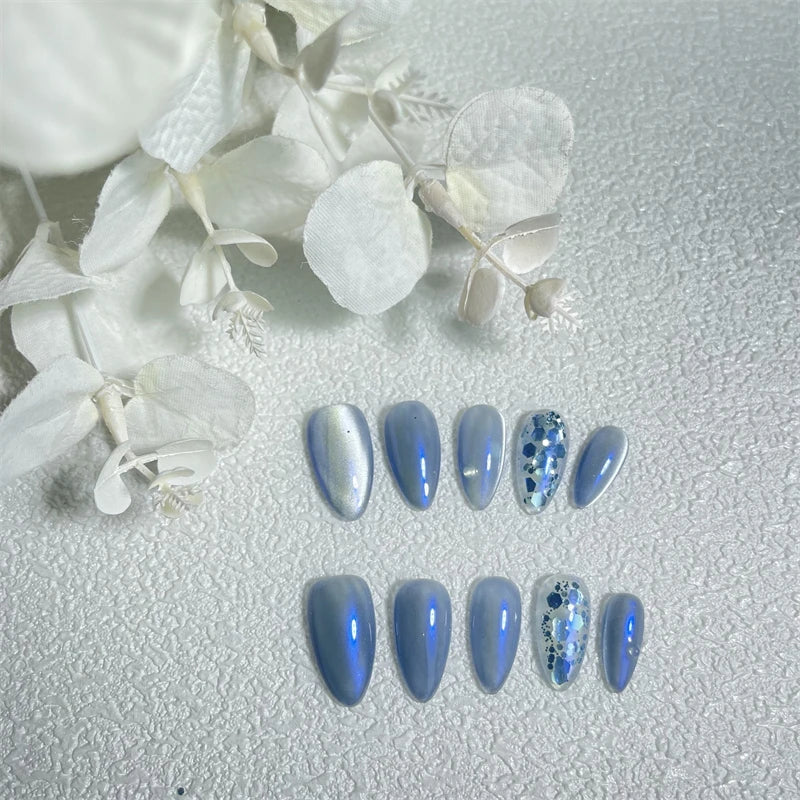 Qfdian 10Pcs Silk Cat Eye Handmade Press on Nails New-type Almond Fake Nails Ice-cold Manicure Artistic Full Cover Finger Tips Reusable