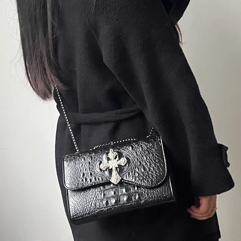 Qfdian Y2k Aesthetic Punk Gothic Cross Shoulder Bag Women Vintage Fashion Casual Handbags All Match Trendy Office Lady Crossbody Bags