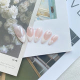 Qfdian Aurora Handmade Press On Nails White Almond French Fake Nails Medium Wearable Manicure Simple Pearl Decoration Finger Nails Art